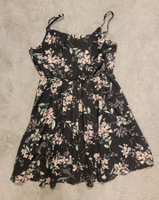 Black Floral Boho Cami Fit & Flare Short Dress XL Spaghetti Straps Knot Accent