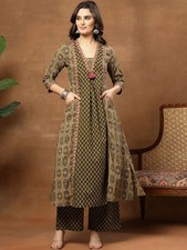 Indian Women Green Cotton Ethnic Motifs Printed A-Line Kurta with Palazzo Set