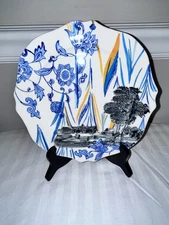 Anthropologie 8" Scallop Edge Fusion Salad Plate Blue Yellow Floral Set Of 4