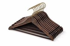 10 x Commercial Grade Dark Brown Wooden Coat Hanger With Trouser Bar