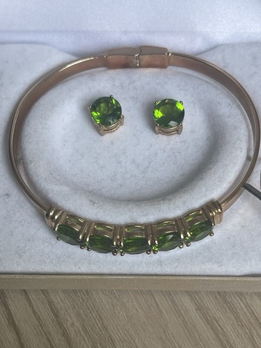 Set Bracciale E Orecchino Romano Con Scatola Gemma Verde Tono Oro Bellissimo  - Foto 3 di 6