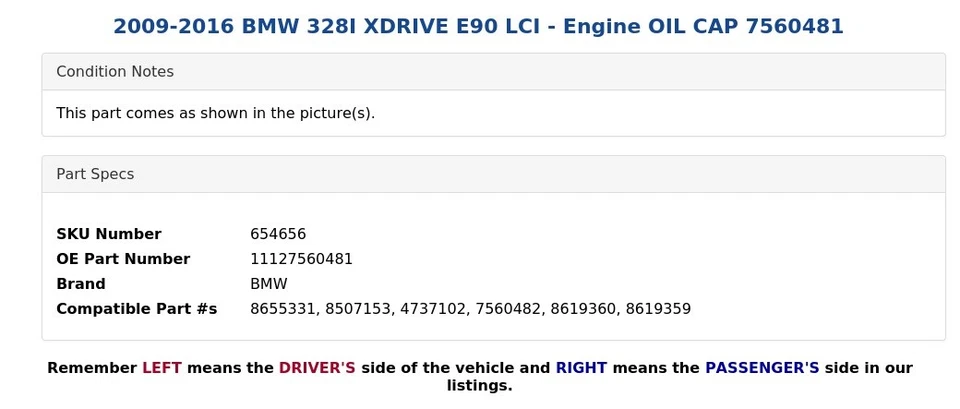 BMW 328I XDRIVE E90 LCI 2009-2016 - Tapa de aceite del motor 7560481 Foto 4 de 4