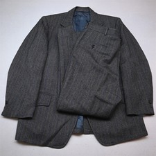 Vtg USA Made 44R 36x29 Gray Herringbone 100% Wool Tweed Back Belt Mens Suit