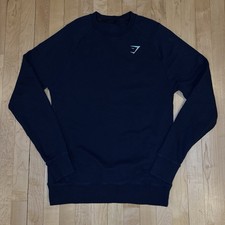 Gymshark Men's Crewneck Sweatshirt Size Small Navy Blue Ribbed Workout Back Logo