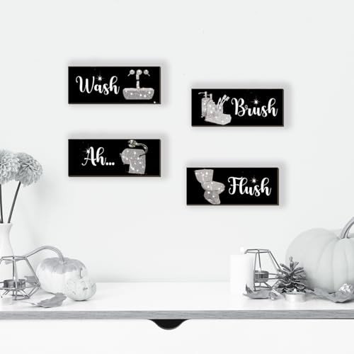 4 Pcs Bathroom Decor Funny And Black Wall Art Wooden 10 X 4 Inch Silver