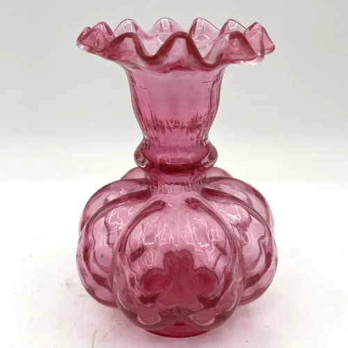 Vintage FENTON Cranberry Pink Glass Optic Melon Vase Ruffle Edge