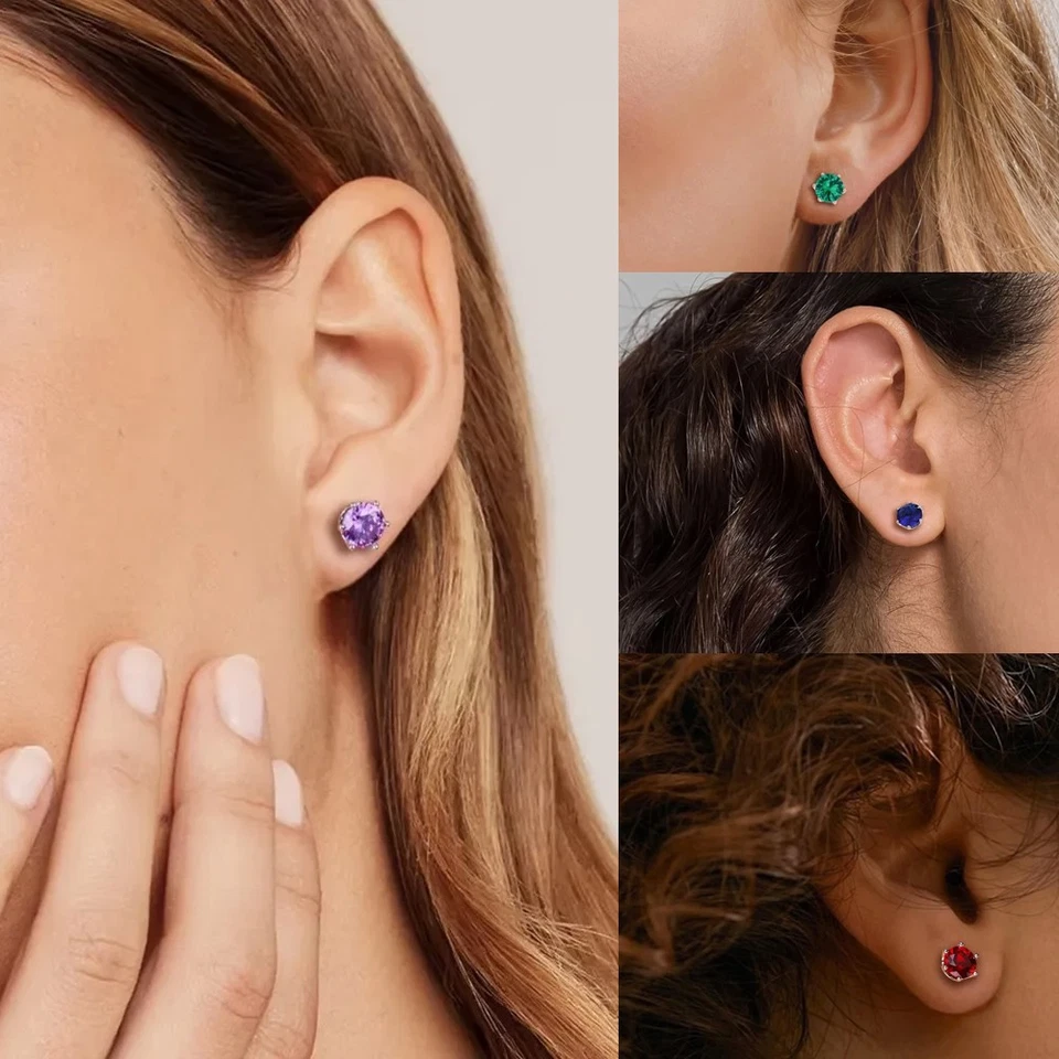 Lab Grown Purple Sapphire Emerald Ruby Gemstone Earrings 925 Silver Stud Earring - Image 3 of 4