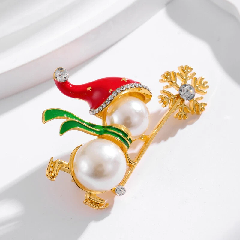 Women Christmas Ice Skating Snowman Brooch Imitation Pearl Crystal Rhinestone - Image 2 of 4