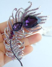 Elegant Purple Austrian Crystal Peacock Feather Brooch Pin Pendant 05038C2a