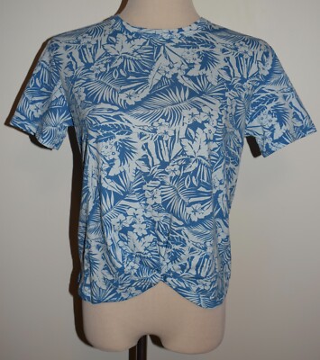 New Ivory Ella Top XS Blue Floral Tropical Organic Cotton Shirt Twist Front Tee