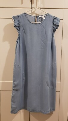 Popsugar Sz S Chambray Denim Shift Dress Ruffle Cap Sleeve keyhole pockets EUC!