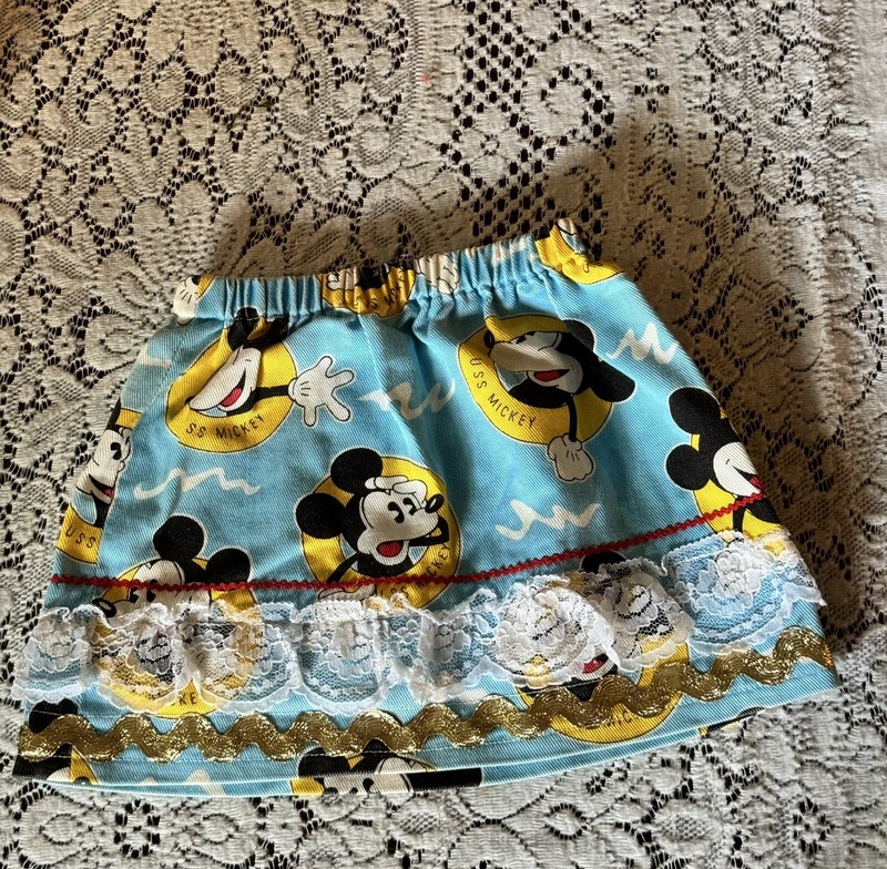Mickey Mouse Skirt Size 2 years Handmade Rickrack /Lace /Denim 10” Waist To Hem