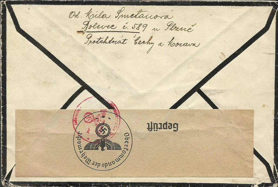 波希米亚和摩拉维亚到美国传感器盖 1940 PLZEN Cancel V/F — 第 2/2 张图片