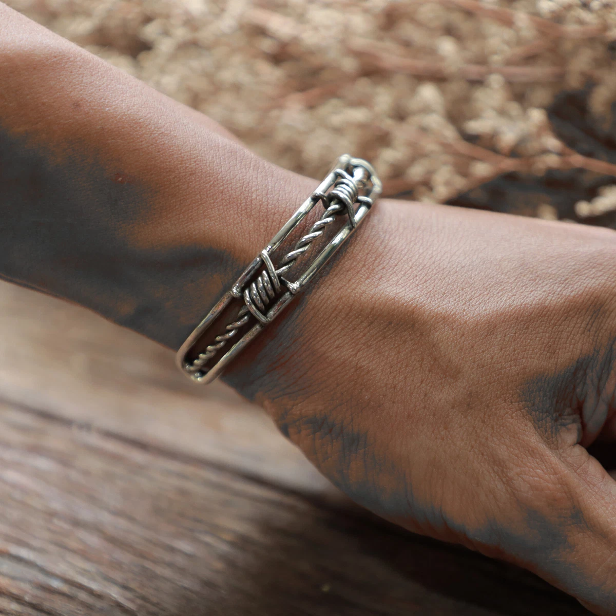 Barbed Wire band Bracelets Bangle sterling silver Biker Men Punk Rock Gothic