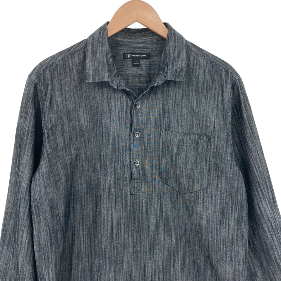 INC International Concepts Popover Shirt Mens Medium Gray Long Sleeve Pocket - Image 4 of 4