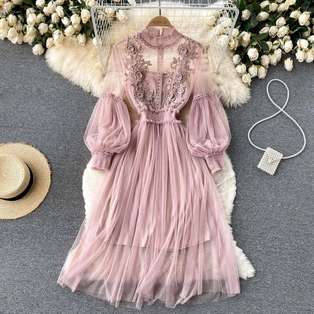 Embroidered Lantern Sleeve Dress