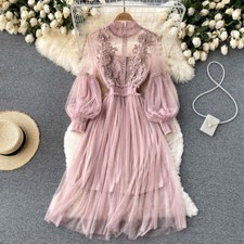 Embroidered Lantern Sleeve Dress