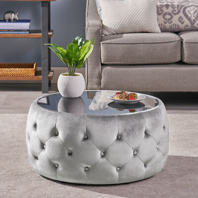 Modern 30 in Round Home Velvet and Tempered Glass Coffee Table Ottoman Gray