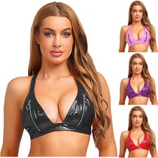 Women's Wet Look Leather Bra Halter Unlined Wirefree Bralette Lingerie Clubwear