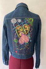 Hand Painted Heart Designed Jeans Jacket Sz-sm/p- Mint
