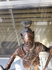 Large hand made bronze plated metal statue CONQUISTADOR w/halberd & sword signed