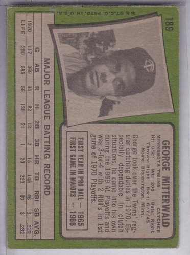 1971 Topps Baseball - Mid Grade Set Break - #189 George Mitterwald - Picture 2 of 2