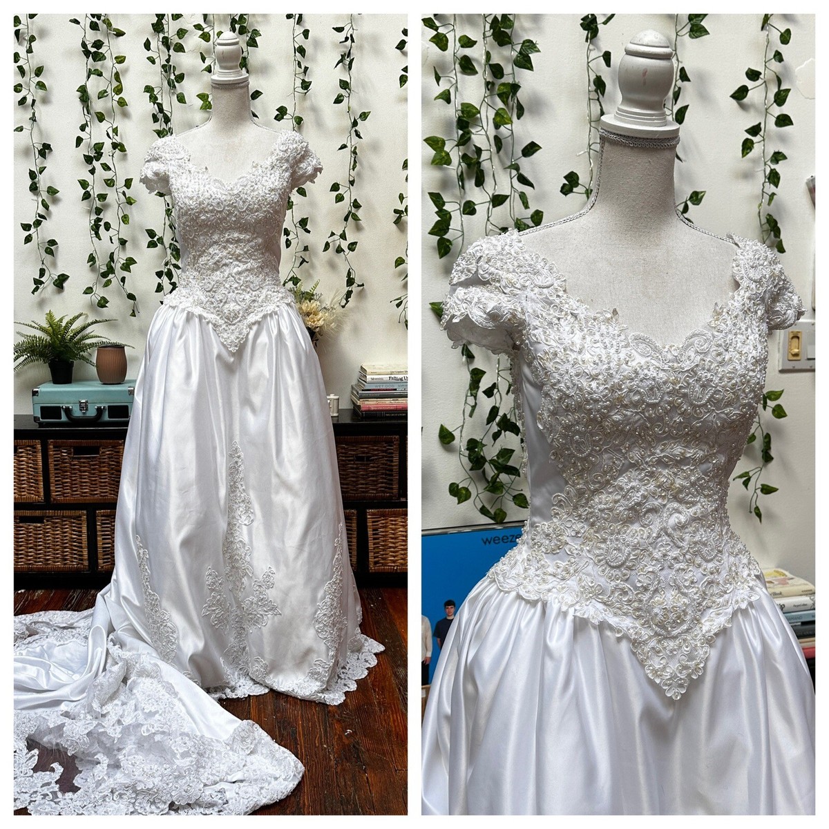 Vintage 90s Satin Beaded Wedding Gown White Ball Gown Cap
