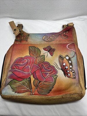 Anuschka Hand painted Leather Organizer Hobo Butterfly Roses Handbag & Wallet