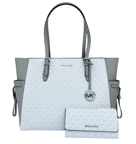 Michael Kors Gilly Drawstring Large Tote Bright White MK Grey + Trifold  Wallet 194900294024 | eBay