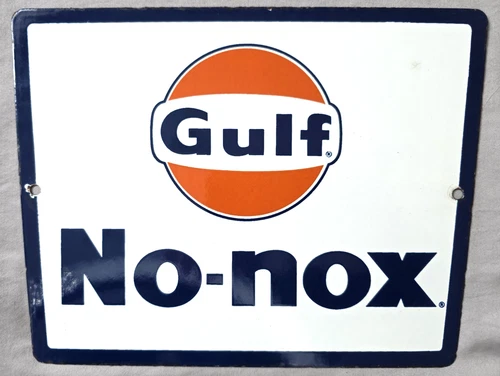 VINTAGE Porcelain / Enameled Gulf No-Nox Gas & Oil Sign    Very Nice Condition!