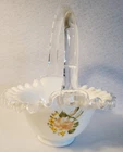 Vintage Fenton Milk Glass Basket Silver Crest Hand Painted Yellow Rose Signed