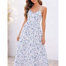 JOIE Cotton Blend Strappy Cut Out Midi Dress Size 6 Blue Cottagecore Floral