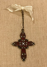 Vintage Cross Crucifix Enamel Ornament Maroon Jeweled