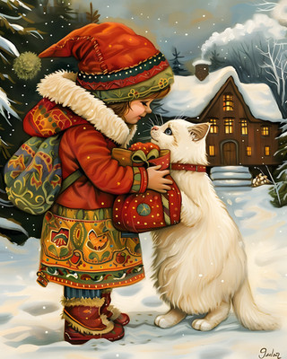 8x10 Cozy Storybook Little Girl and White Dog in Snow Art Print - 276236268