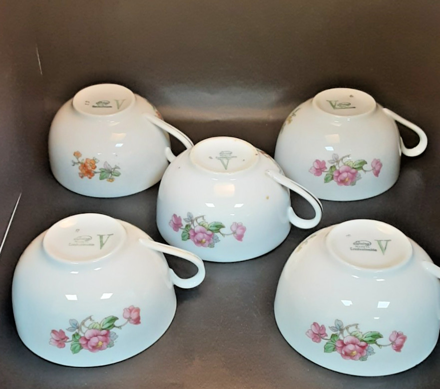 5 Vintage Epaig  Porcelain Floral Czech Teacups Pheasant Gold Rim No Saucers