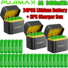 24PCS 1.5V 3400mWh AA Rechargeable Lithium Battery with 3PCS 8-Slot Charger Box