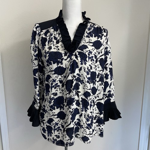 Tory Burch Happy Times Ruffle Blouse Womens S Floral Long sleeve V-neck casual - Picture 3 of 18