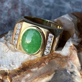 GORGEOUS VINTAGE GREEN JADE & DIAMOND RING 14K GOLD MEN'S 20 GRAMS