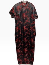 Vtg Gold Dragon Silky Embroidery Cheongsam Dress Chinese Mandarin Qipao 46/14/XL