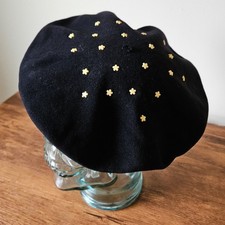 Vintage Black 100 Wool Felt 60s 70s Daisy Flower Power Studded Beret Hat Cap