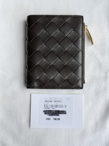 Bottega Veneta Intrecciato Small Bi-Fold Wallet Dark Brown