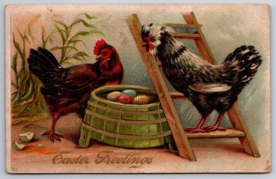 Easter~Hens Find Decorated Eggs~White Crested Black & White Hen On Ladder~1912