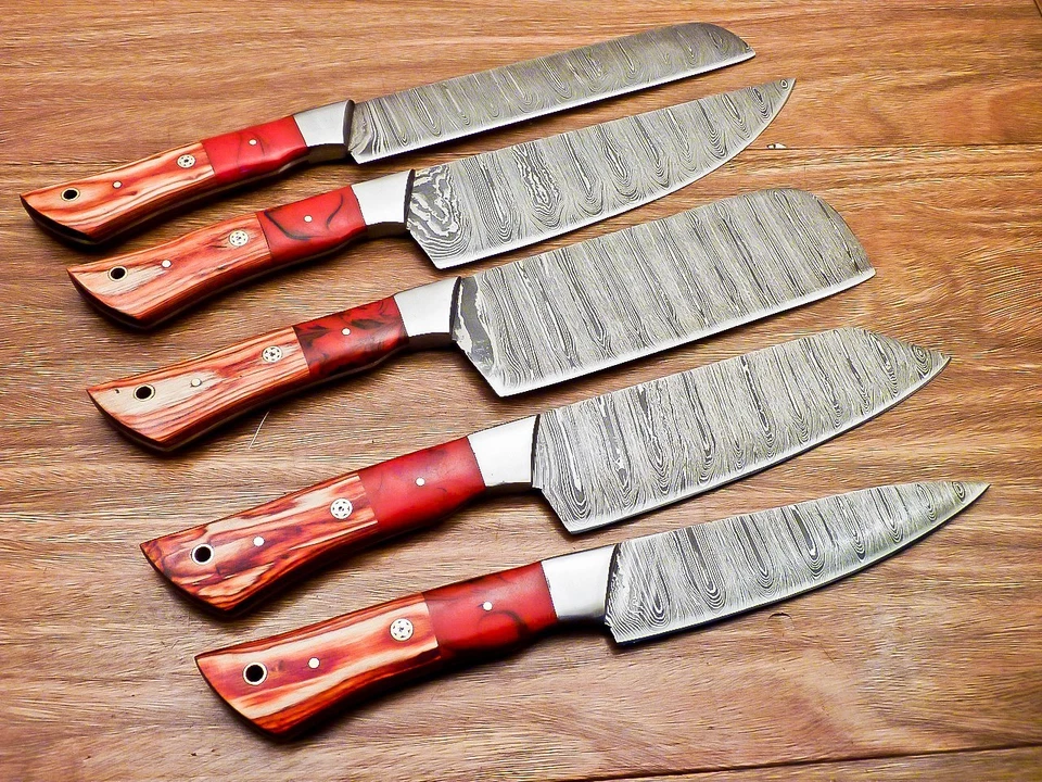 Damascus handmade Chef Knife 5 Pc Set - Best Gift, Damascus Kitchen Knives Set , - Image 3 of 4