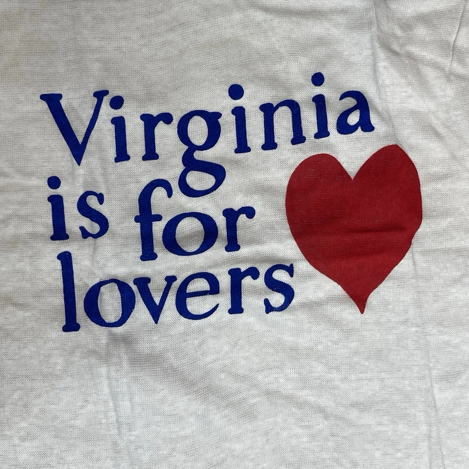 Винтажная ретро футболка 1970-х Virginia Is For Lovers Blue Ringer Hanco детская 14–16 - Изображение 3 из 4