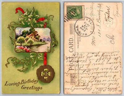 1910 Waco TX Postcard Loving Birthday Greetings Embossed Clover Scenic