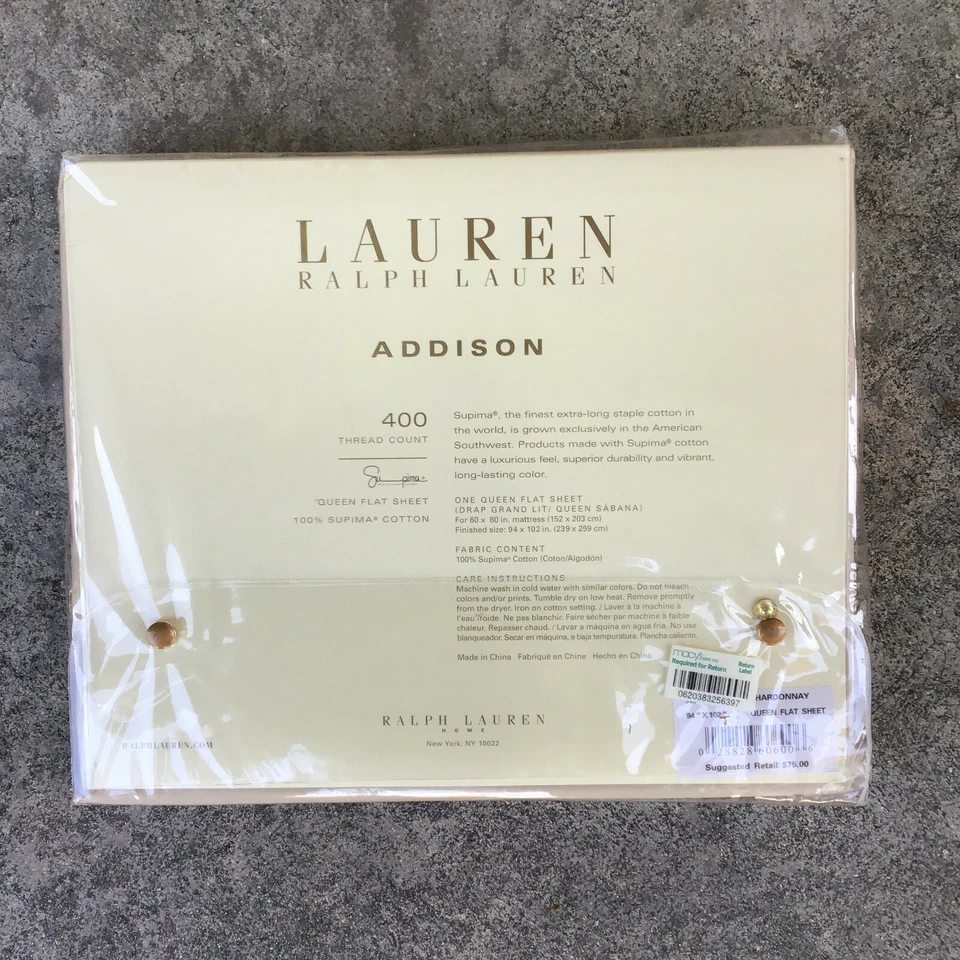 Sábana plana Ralph Lauren Addison Chardonnay Queen 400 hilos Supima 94" x 102" Foto 2 de 2