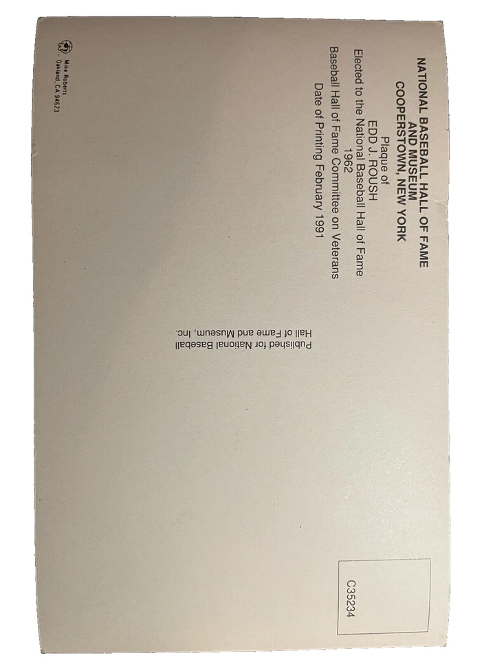 Edd Roush National Baseball Hall of Fame Postcard 1991 Unused HOF 1962 Roberts - Image 2 of 4