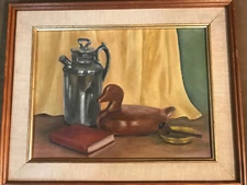 Vintage "A Still Life With Duck, Book, Pipe And Urn Scene" Oil Painting - Framed