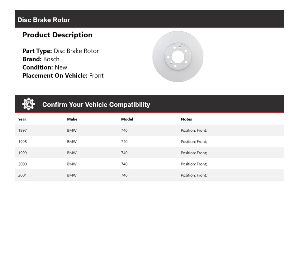 Rotor de freno de disco delantero QuietCast Bosch 1997-2001 BMW 740i Bosch 1998 1999 2000 Foto 2 de 4