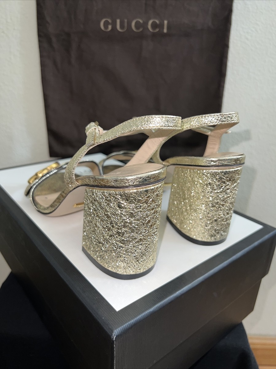 GUCCI Sexy Metallic Laminate Leather Mid Heel Sandal Double